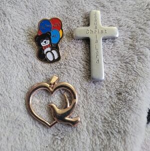Kids Heart & Dove Pendant with Silver Cross and Teddy Pin - Multicolor